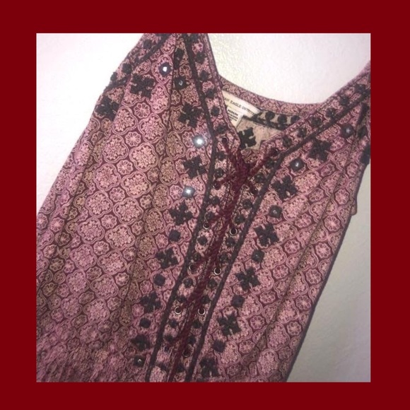 Boho Lace Up Printed Burgundy Romper - Picture 2 of 2